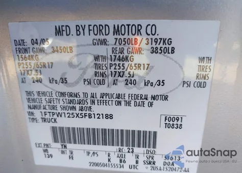 2005 Ford F-150 Lariat/Xlt z USA, uszkodzony, nr VIN 1FTPW125X5FB12188